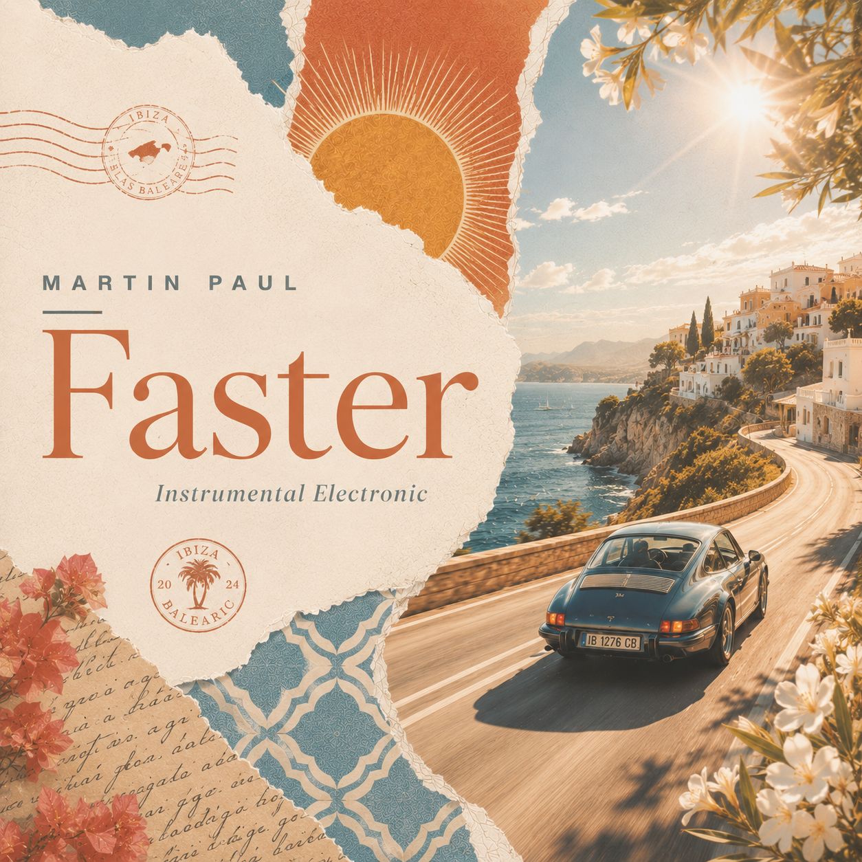 Faster cover artwork, a torn paper Mediterranean collage with a sports car sweeping along a coastal road at golden hour