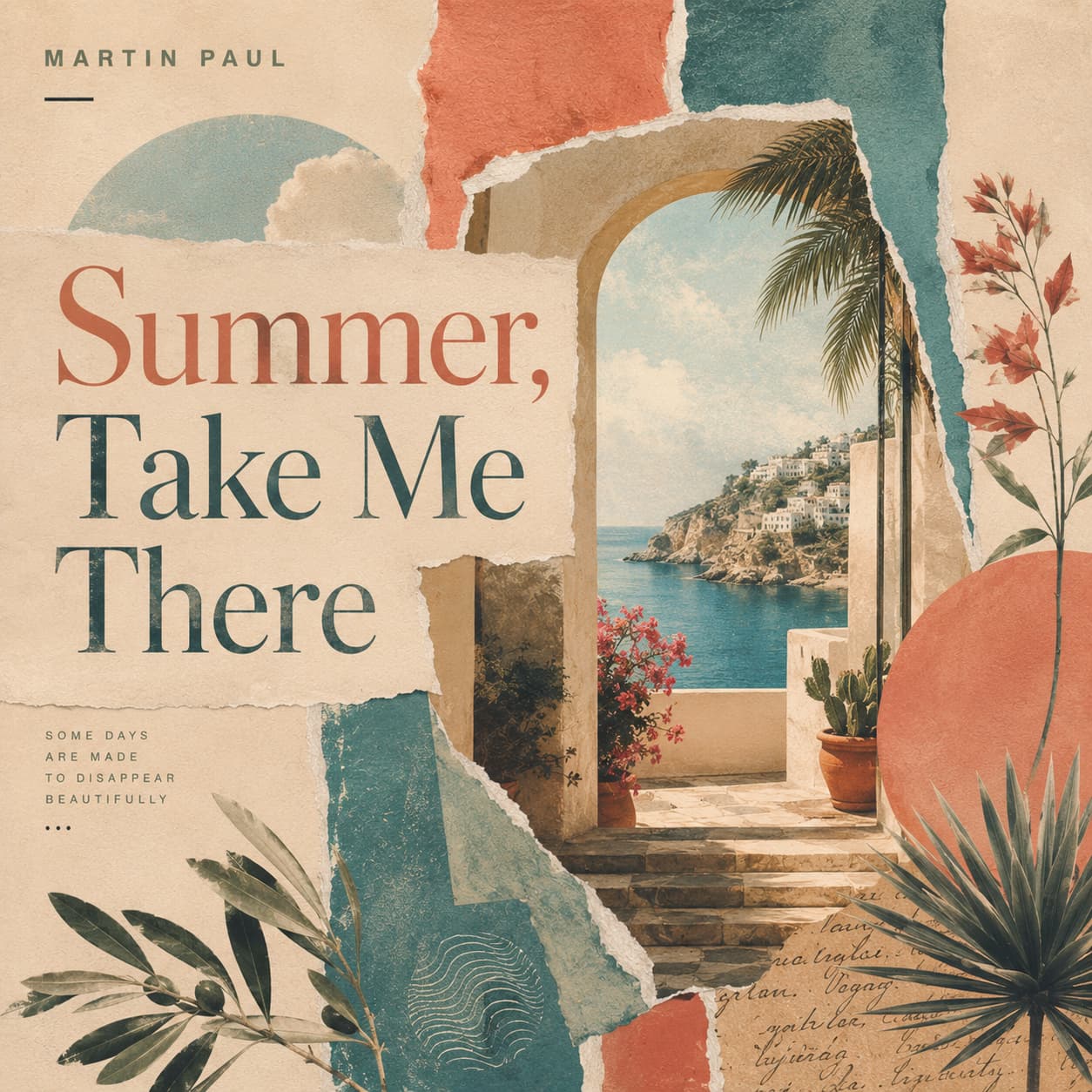 Summer, Take Me There cover artwork, a torn paper collage of a Mediterranean archway, palms and terracotta shapes
