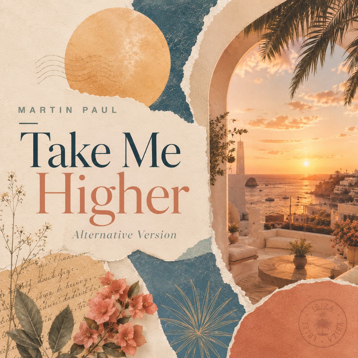 Take Me Higher alternative version cover artwork, a torn paper Mediterranean collage in brighter Balearic tones