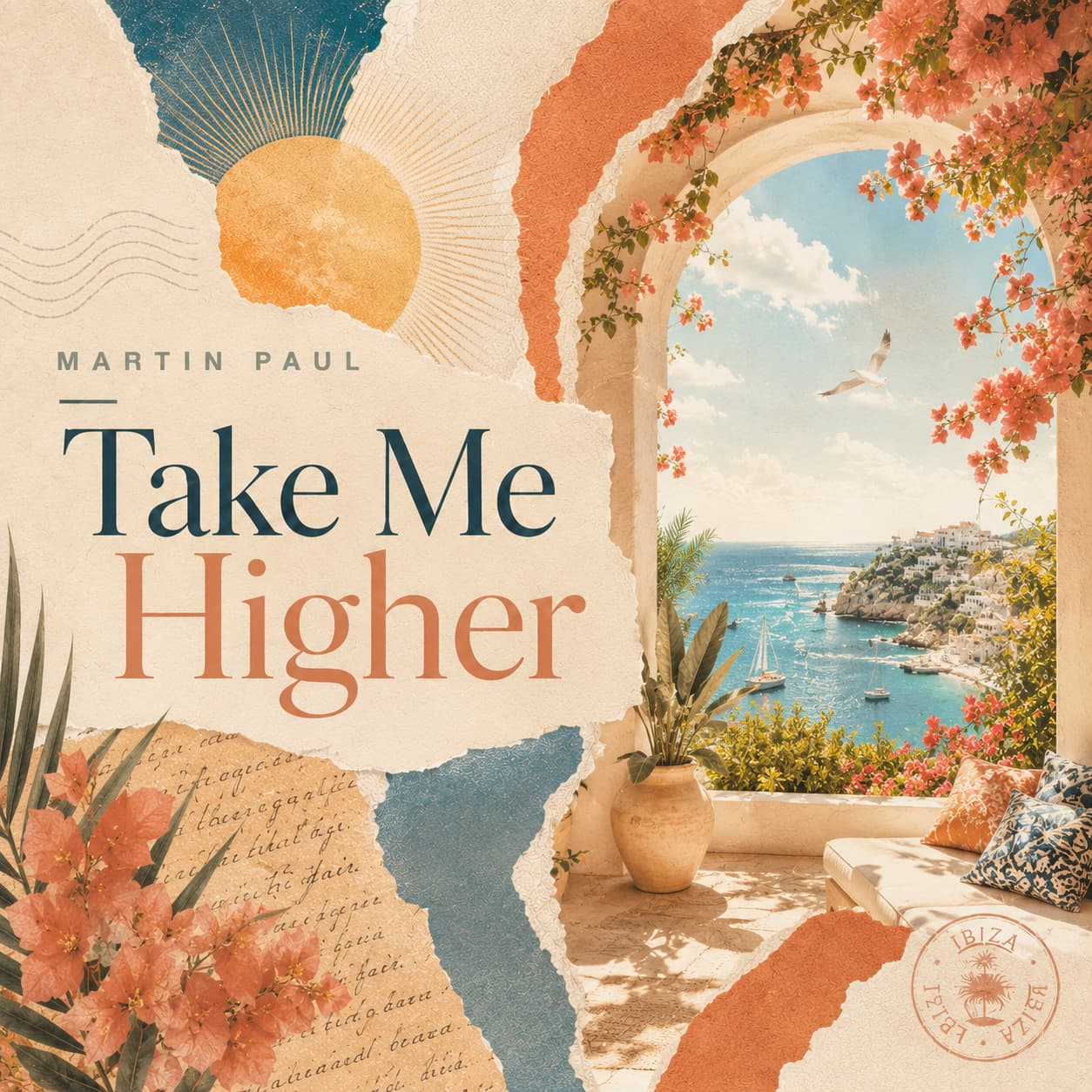 Take Me Higher cover artwork, a torn paper collage with a rising sun and a Mediterranean archway opening onto the sea