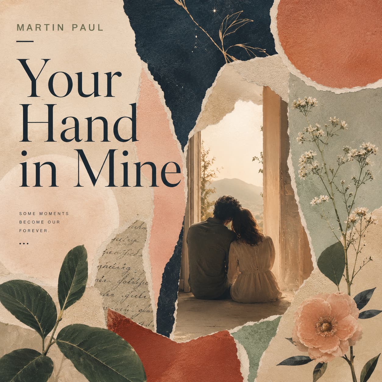 Your Hand in Mine cover artwork, a torn paper Mediterranean collage with a soft sunset glow